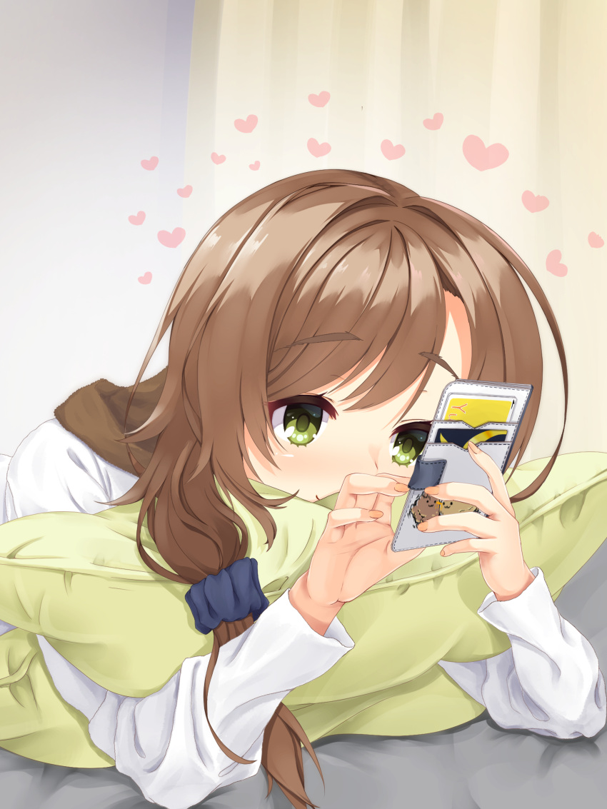 1girl absurdres black_scrunchie blush cellphone close-up commentary_request commission eyelashes fingernails green_eyes hair_ornament hair_scrunchie hands_up heart highres holding holding_phone hugging_object indoors long_hair long_sleeves looking_at_phone lovestruck mikuni_sairi nose_blush pajamas phone pillow pillow_hug ponytail reiji_tsukimi scrunchie smartphone smile solo swept_bangs tenshi_souzou_re-boot! thick_eyebrows white_pajamas