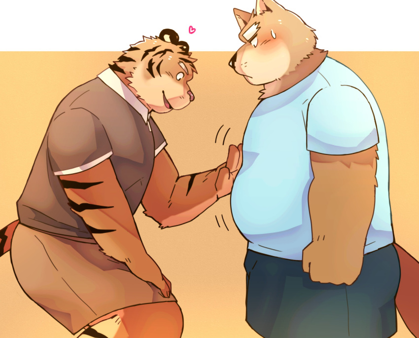 &lt;3 2023 anthro arufina_w belly big_belly blush bottomwear canid canine canis clothing domestic_dog duo felid hi_res humanoid_hands kemono male male/male mammal overweight overweight_male pantherine shirt shorts simple_background tiger topwear