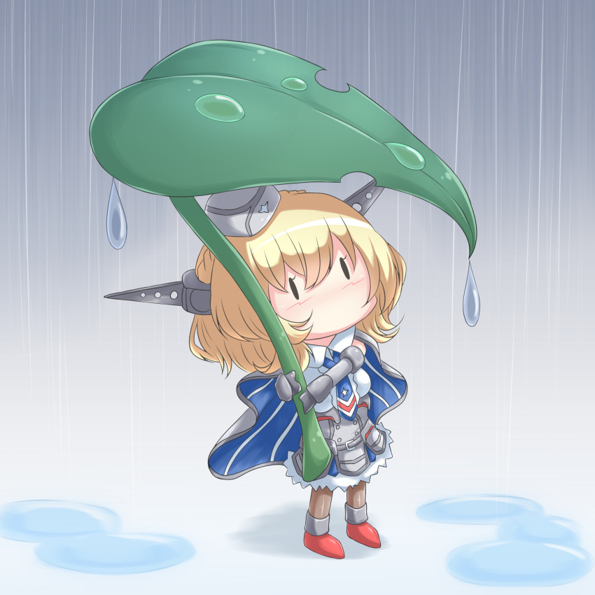 1girl blonde_hair blue_necktie capelet chibi colorado_(kancolle) dress elbow_gloves gloves grey_capelet grey_dress grey_gloves grey_headwear headgear highres holding holding_leaf kantai_collection lattice_mast leaf mini_person minigirl necktie no_mouth rain riretsuto short_hair sleeveless solid_eyes