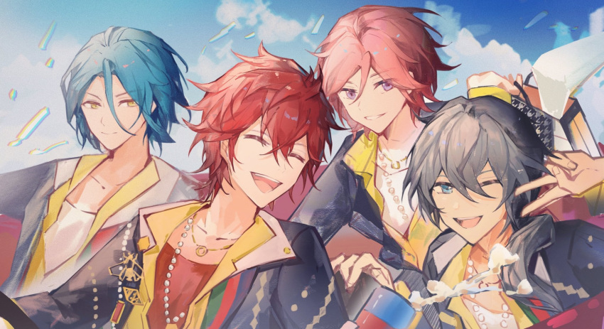 4boys amagi_rinne blue_eyes blue_hair blue_sky closed_eyes cloud cloudy_sky ensemble_stars! grey_hair highres himeru_(ensemble_stars!) long_hair looking_at_viewer low_side_ponytail male_focus multiple_boys one_eye_closed oukawa_kohaku pink_hair purple_eyes red_hair shiina_niki short_hair sky viosuya yellow_eyes