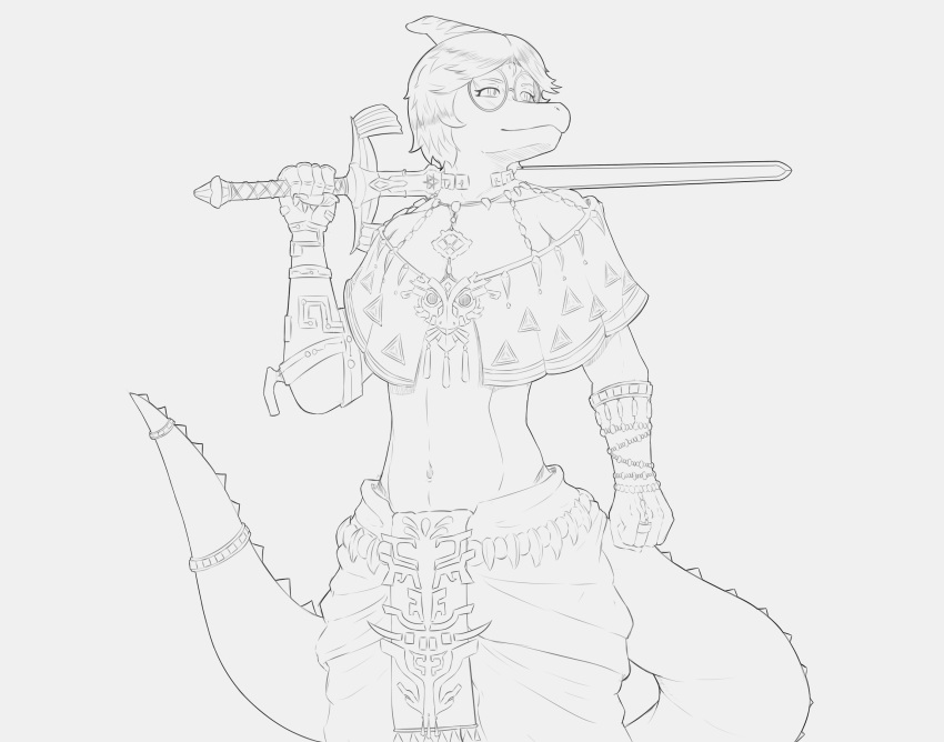 2023 anthro badfidhell benjamin_mcknight clothed clothing cosplay dinosaur eyewear fingers glasses hadrosaurid hair hi_res i_wani_hug_that_gator long_tail male melee_weapon monochrome navel nintendo ornithischian parasaurolophus reptile scalie short_hair skimpy snout solo spikes spikes_(anatomy) sword tail tears_of_the_kingdom the_legend_of_zelda weapon