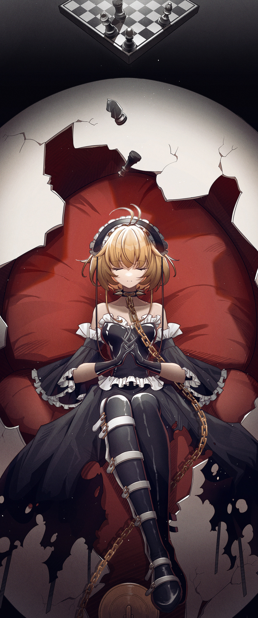 1girl absurdres antenna_hair bare_shoulders belt bishop_(chess) black_background black_footwear black_gloves board_game boots brown_hair chain chess chess_piece chessboard closed_eyes collar collarbone crack cracked_egg detached_sleeves egg gloves hairband highres king_(chess) knight_(chess) leg_belt light_particles lolita_hairband lying on_back pawn_(chess) queen_(chess) rook_(chess) sakura_hime short_hair so_tsubasa solo spiked_collar spikes thigh_boots tsubasa_chronicle white_belt wide_sleeves