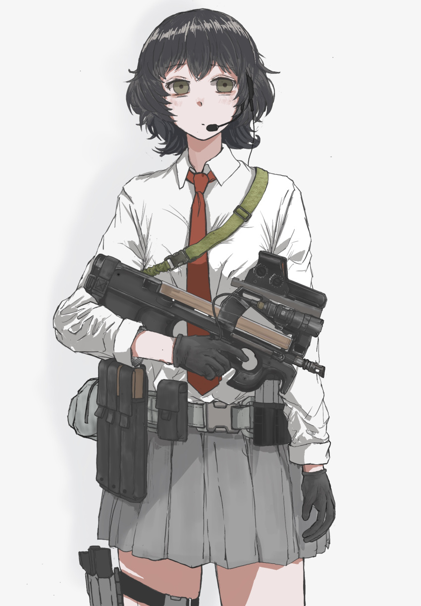 1girl 787nanahachi ammunition_pouch belt belt_pouch black_gloves black_hair blank_stare bullpup closed_mouth collared_shirt commentary cowboy_shot empty_eyes expressionless finger_on_trigger gloves gradient_background green_eyes grey_background grey_belt grey_skirt gun handgun headset highres holding holding_gun holding_weapon holster holstered laser_sight long_sleeves looking_at_viewer magazine_(weapon) necktie optical_sight original p90 pleated_skirt pouch red_necktie reflex_sight shirt short_hair skirt sleeves_past_elbows sling snap-fit_buckle solo straight-on submachine_gun thigh_holster utility_belt weapon white_background white_shirt