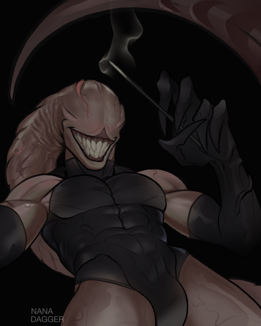 armwear benners cigarette cigarette_holder cigarette_smoke clothed clothing elbow_gloves eyeless gloves handwear hi_res humanoid looking_at_viewer male monster monstrous_humanoid muscular nanadagger one_piece_suit smile smoke solo solo_focus standing teeth vein