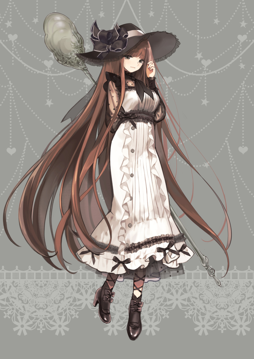 1girl arm_behind_back black_bow black_footwear black_headwear black_neckerchief black_socks blunt_bangs bow bow_legwear breasts brown_hair buttons dress dress_bow food_fantasy frilled_dress frills full_body green_eyes grey_background hand_up hat hat_bow heart heart_background high_heels highres holding holding_hair holding_own_hair holding_spoon jidou_neko large_breasts long_dress long_hair long_sleeves looking_at_viewer neckerchief oversized_object parted_lips polka_dot polka_dot_sleeves see-through see-through_sleeves smile socks solo spoon standing sun_hat tiramisu_(food_fantasy) very_long_hair white_dress