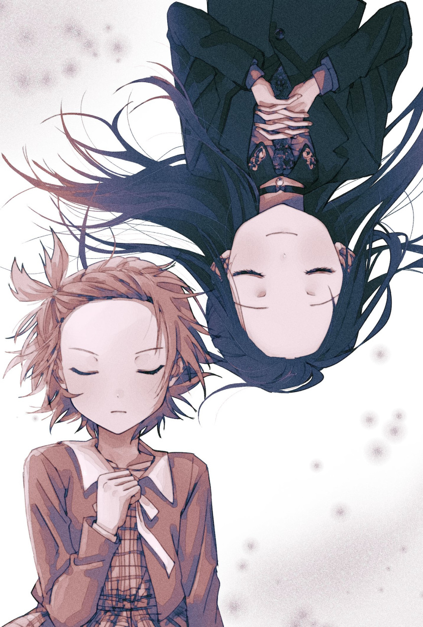 2girls black_choker black_hair black_jacket brown_hair brown_jacket choker closed_eyes collared_shirt dress floating_hair forehead formal hand_on_own_chest highres interlocked_fingers jacket kamisaki_hikaru long_hair medalist_(manga) moc_0625 multiple_girls necktie one_side_up own_hands_together rotational_symmetry shirt short_hair smile suit white_background yuitsuka_inori