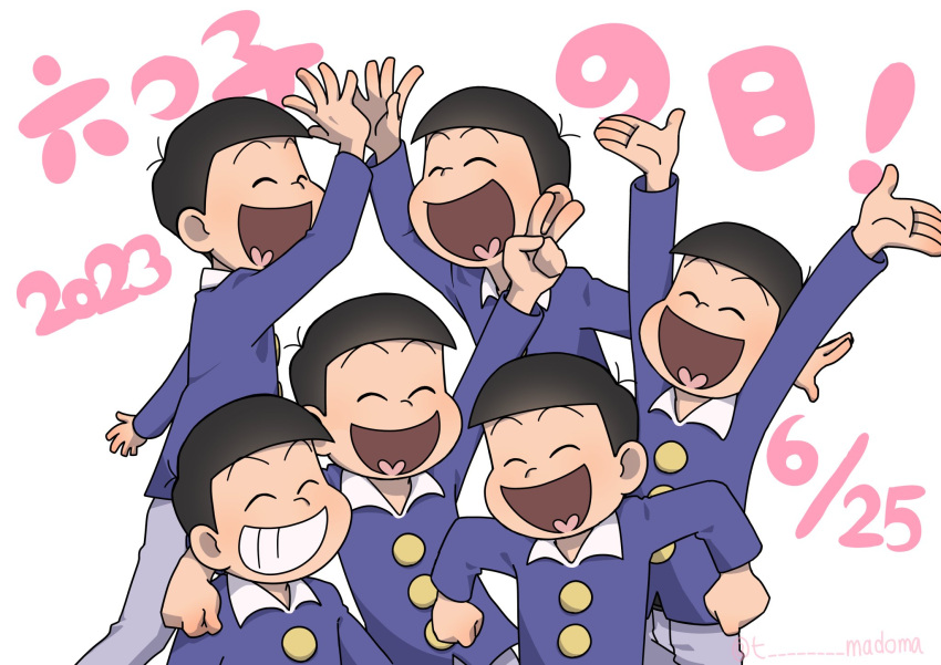 2023 6+boys arm_around_shoulder black_hair blue_shirt brothers clenched_hands closed_eyes collared_shirt dated heart heart_in_mouth high_five highres long_sleeves male_focus matsuno_choromatsu matsuno_ichimatsu matsuno_jyushimatsu matsuno_karamatsu matsuno_osomatsu matsuno_todomatsu multiple_boys open_mouth osomatsu-kun outstretched_arms sextuplets shirt siblings simple_background smile t-madoma twitter_username white_background