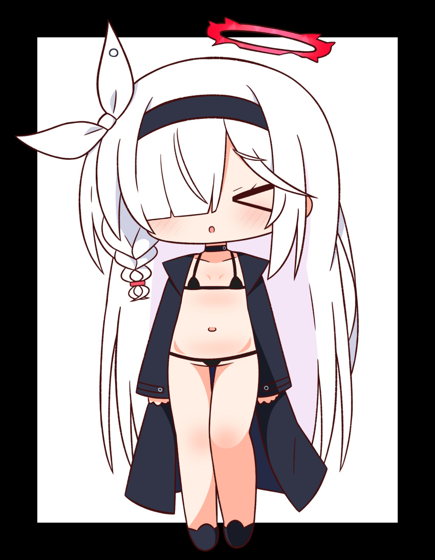 &gt;_&lt; 1girl :o bikini black_background black_bikini black_choker black_footwear black_hairband black_jacket blue_archive blush braid chibi choker closed_eyes collarbone facing_viewer full_body groin hair_over_one_eye hair_ribbon hairband halo hana_kazari highres jacket long_hair long_sleeves micro_bikini navel open_clothes open_jacket parted_lips plana_(blue_archive) ribbon shoes single_braid sleeves_past_wrists solo standing swimsuit two-tone_background very_long_hair white_background white_hair white_ribbon