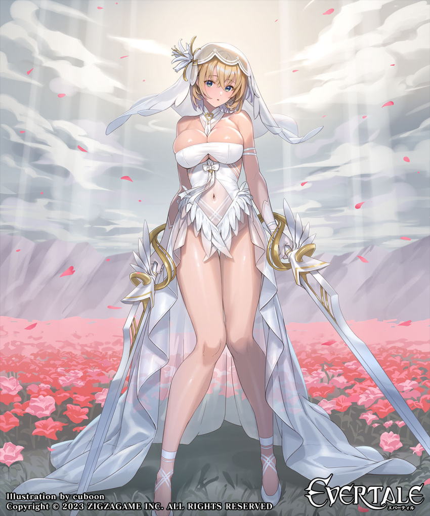 1girl bare_shoulders blonde_hair blue_eyes breasts character_request commentary_request copyright_name covered_navel cuboon elbow_gloves evertale falling_petals flower gloves highres holding holding_sword holding_weapon large_breasts looking_at_viewer official_art outdoors parted_lips petals see-through short_hair solo standing sunlight sword thighs weapon white_footwear white_gloves white_headwear