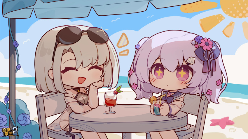 +_+ 2girls :d ^_^ beach bendy_straw benghuai_xueyuan bikini black_bikini blue_flower blue_rose blue_sailor_collar blue_sky blush breasts character_request chibi cleavage closed_eyes closed_mouth cloud cloudy_sky cup day drinking_glass drinking_straw eta eyewear_on_headwear feet_out_of_frame flower highres holding holding_cup honkai_(series) horizon long_sleeves multiple_girls notice_lines ocean on_chair outdoors purple_eyes purple_hair rose sailor_collar sand see-through see-through_cleavage see-through_sleeves sitting sky smile sun_symbol sunglasses swimsuit table two_side_up water