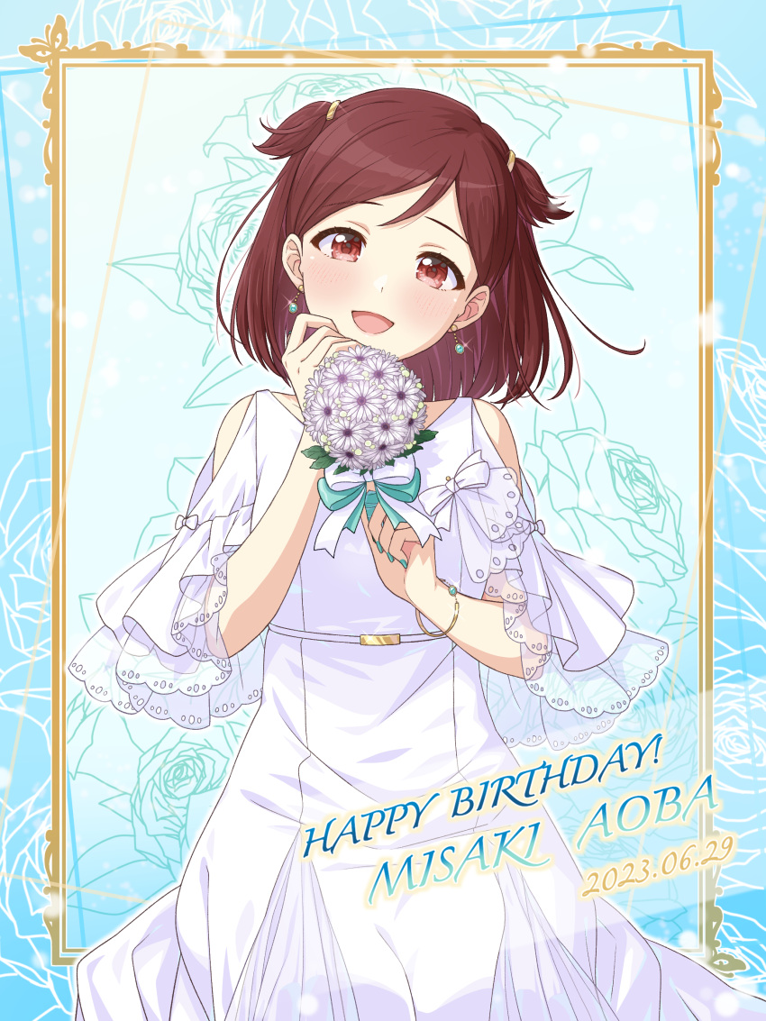 1girl absurdres aoba_misaki bare_shoulders blush bouquet bracelet breasts brown_eyes brown_hair character_name clothing_cutout collarbone cowboy_shot dot_nose dress earrings floral_background flower glint green_nails green_ribbon hair_tie hands_up happy_birthday highres holding holding_bouquet idolmaster idolmaster_million_live! idolmaster_million_live!_theater_days jewelry lace-trimmed_dress lace_trim light_particles looking_at_viewer medium_breasts nail_polish open_mouth ribbon rose see-through see-through_sleeves shiro_(ongrokm) short_hair short_sleeves shoulder_cutout smile solo standing two-tone_background two_side_up white_dress white_ribbon