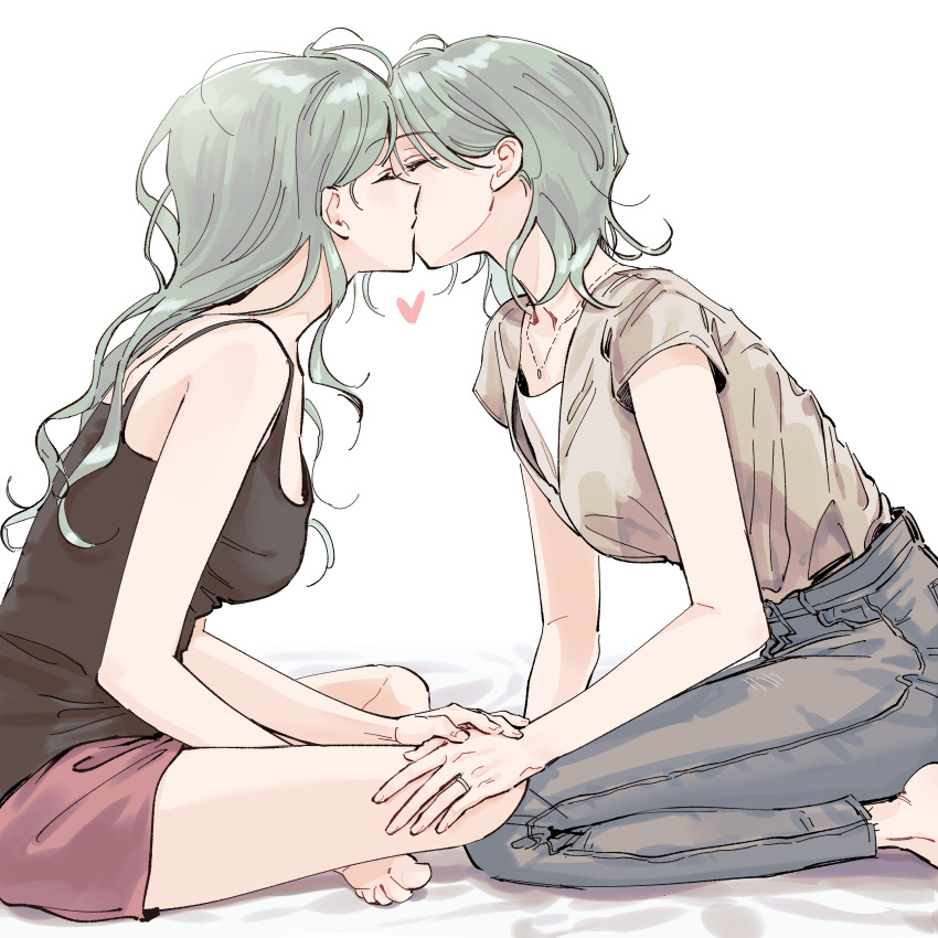 2girls absurdres bang_dream! breasts closed_eyes commentary denim green_hair hand_on_another's_hand hand_on_another's_knee heart highres hikawa_hina hikawa_sayo incest jeans jewelry kiss long_hair multiple_girls necklace pants ring shorts siblings sisters toes twincest twins yuri zihacheol