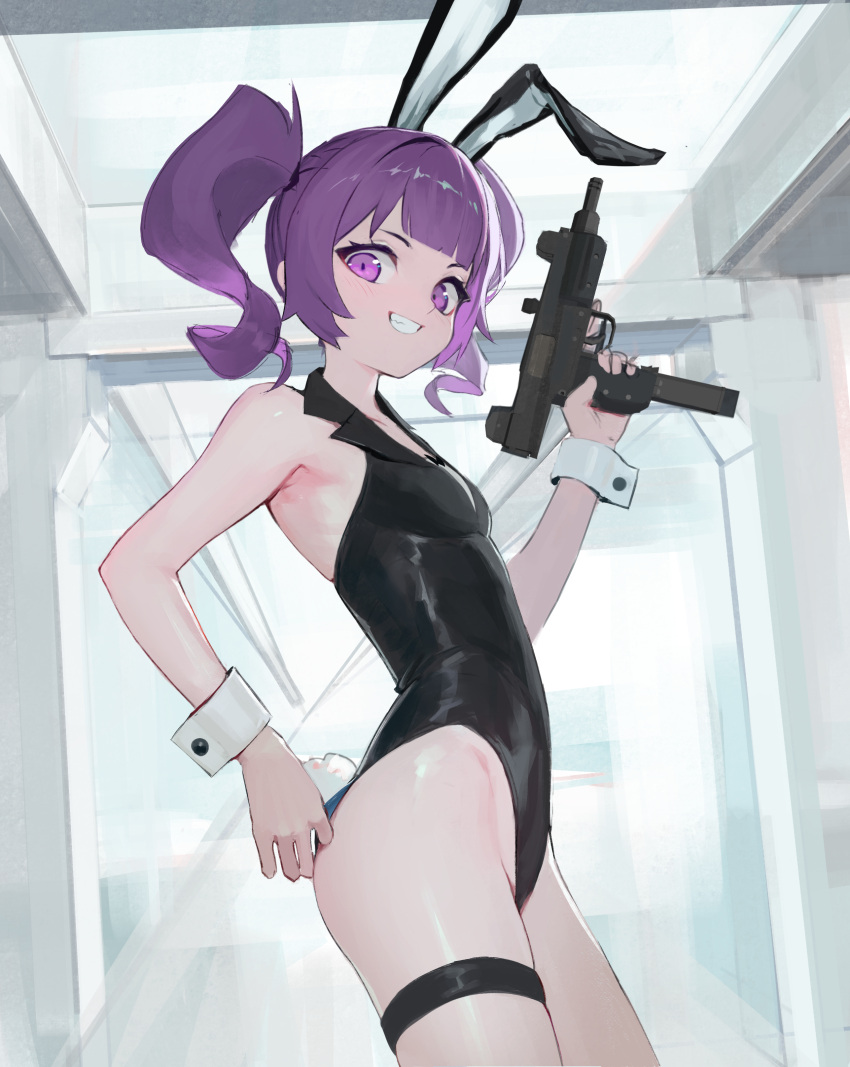 1girl absurdres animal_ears bare_shoulders black_leotard blush breasts cowboy_shot from_side grin groin gun hand_up highres holding holding_gun holding_weapon imi_uzi leotard looking_at_viewer looking_to_the_side medium_hair otachan purple_eyes purple_hair rabbit_ears rabbit_tail sidelocks small_breasts smile solo submachine_gun tail the_otachan_show thigh_strap twintails vertigris weapon wrist_cuffs