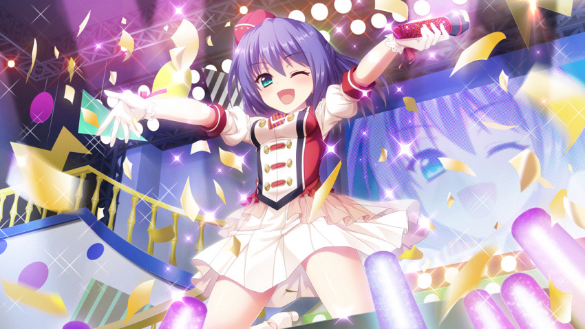 1girl aqua_eyes band_uniform blue_hair breasts colored_lights concert confetti dot_nose film_grain from_below game_cg gloves glowstick high_heels holding holding_microphone honjou_kasumi idol idol_clothes izumi_tsubasu kneeling layered_skirt medium_breasts medium_hair microphone non-web_source official_art one_eye_closed open_mouth outstretched_arms rafters railing re:stage! red_headwear screen see-through see-through_skirt short_sleeves skirt smile solo sparkle stage stage_lights tilted_headwear white_footwear white_gloves white_skirt white_uniform
