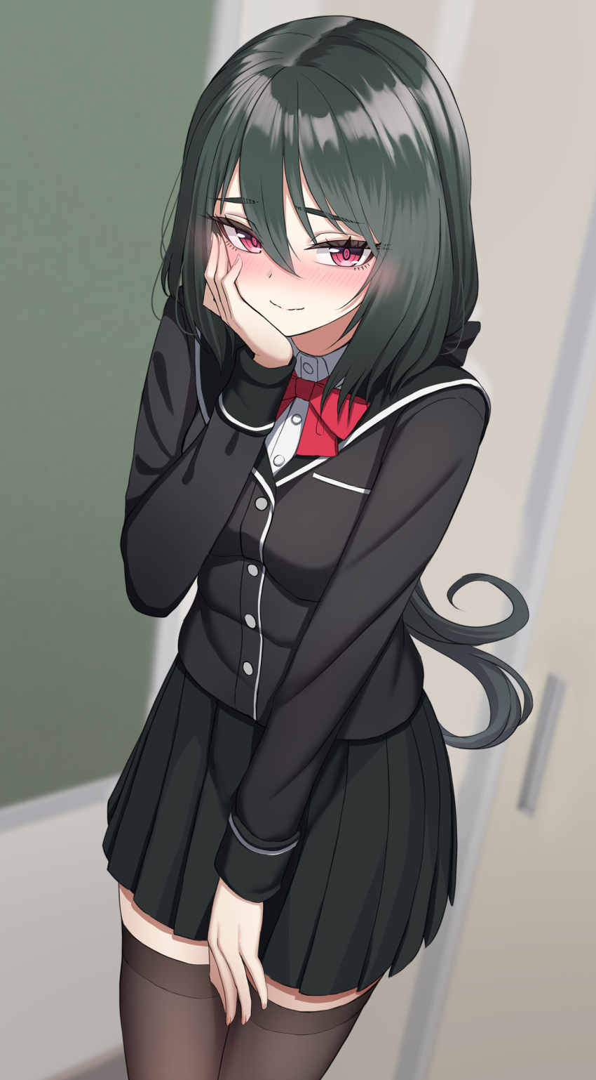 1girl absurdres black_jacket black_thighhighs blazer blurry blurry_background blush buttons closed_mouth cowboy_shot green_hair hair_between_eyes hand_on_own_cheek hand_on_own_face highres jacket long_hair long_sleeves nose_blush original pleated_skirt red_eyes sayano_(yakob_labo) school_uniform skirt smile solo thighhighs yakob_labo