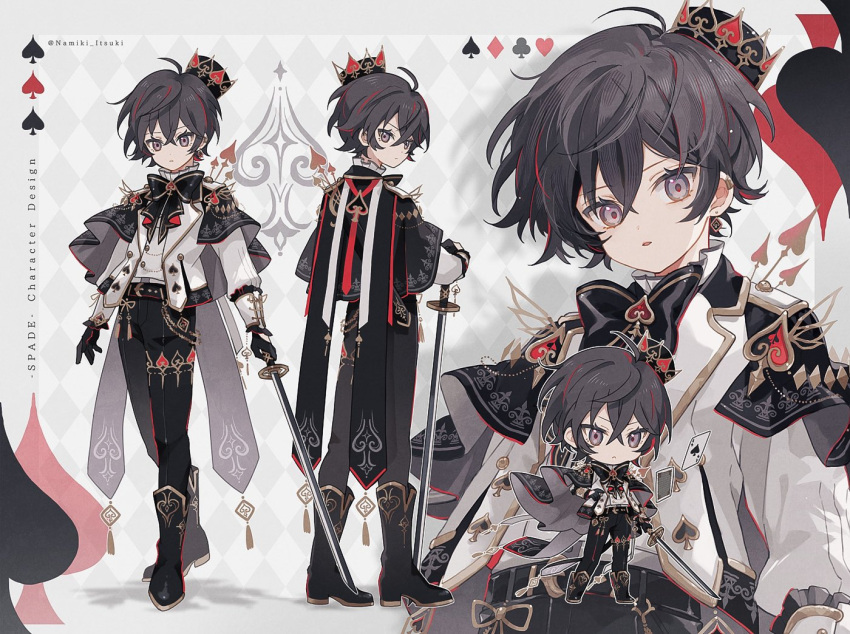 1boy black_bow black_cape black_footwear black_hair black_pants bow cape crown earrings formal grey_background grey_eyes holding holding_sword holding_weapon jacket jewelry long_sleeves male_focus mini_crown multicolored_background multicolored_hair namiki_itsuki open_mouth original pants red_hair reference_sheet shirt short_hair solo spade_(shape) sword weapon white_background white_jacket white_shirt