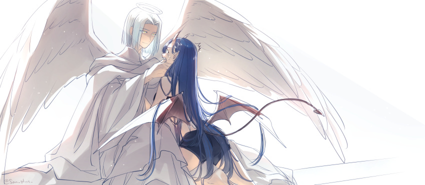 1boy 1girl angel_and_devil angel_wings barefoot blue_hair demon_tail demon_wings eye_contact feathered_wings ferdinand_(honzuki_no_gekokujou) halo hetero highres honzuki_no_gekokujou horns light_blue_hair long_hair looking_at_another maine_(honzuki_no_gekokujou) medium_hair midriff open_mouth pointy_ears robe san+ short_shorts shorts sitting smile tail very_long_hair white_background white_robe white_wings wide_sleeves wings