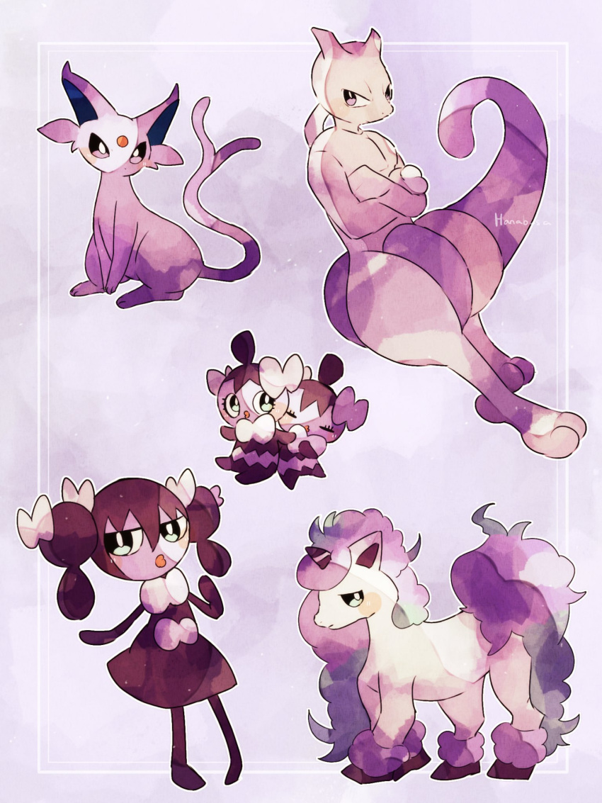 animal_focus artist_name border colored_skin commentary crossed_arms espeon eyelashes forehead_jewel forked_tail galarian_ponyta gothita gothorita hanabusaoekaki highres horns horse mewtwo no_humans pokemon pokemon_(creature) purple_background purple_skin purple_theme single_horn standing tail white_border