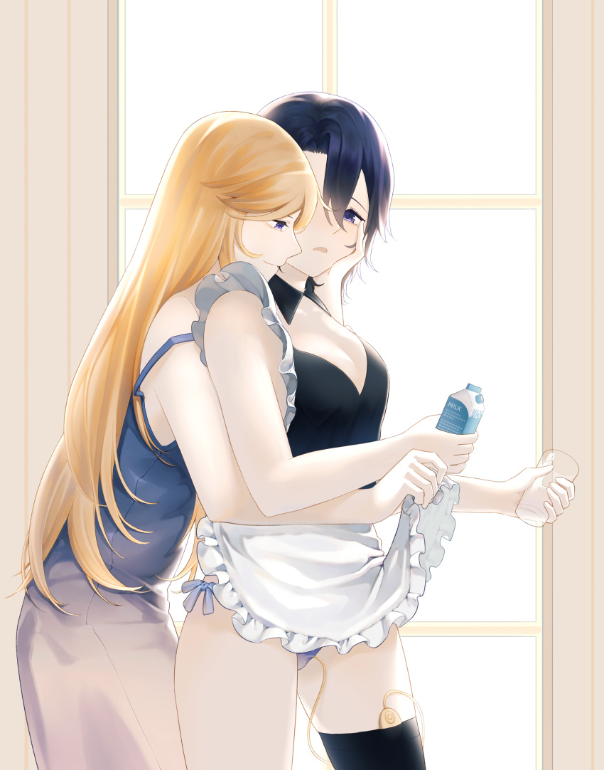 2girls absurdres apron apron_lift bare_shoulders black_hair black_shirt black_thighhighs blonde_hair blue_dress blue_eyes blue_panties blush bottle breasts circe_(pixiv_98112798) cleavage cleavage_cutout closed_mouth clothing_cutout commentary_request controller cowboy_shot cup day dress drinking_glass frilled_apron frills hair_between_eyes hand_on_another's_cheek hand_on_another's_face hand_up hands_up happy highres holding holding_cup indoors lifted_by_another light_blush long_hair milk_bottle multiple_girls open_mouth original panties profile remote_control remote_control_vibrator see-through_panties sex_toy shirt short_hair side-tie_panties sidelocks single_thighhigh sleeveless sleeveless_dress sleeveless_shirt small_breasts smile spaghetti_strap standing strap_slip thighhighs thighs underwear vibrator vibrator_in_thighhighs vibrator_under_clothes vibrator_under_panties waist_apron white_apron window yuri