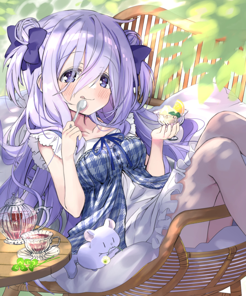 1girl :q absurdres amamiya_shizuku_(hizuki_yayoi) animal blue_bow blue_dress blue_eyes blue_hair blurry blurry_foreground blush bow breasts chinchilla_(animal) closed_mouth clover collarbone comiket_102 commentary_request cup depth_of_field double_bun dress feet_out_of_frame frilled_dress frills hair_bow hair_bun highres hizuki_yayoi holding holding_cup holding_spoon knees_up long_hair looking_at_viewer medium_breasts original plaid plaid_dress saucer sleeveless sleeveless_dress smile solo spoon summer table tongue tongue_out two_side_up very_long_hair wavy_mouth white_dress