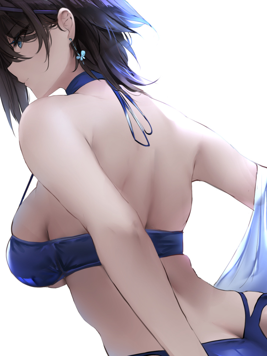 1girl ark_royal_(azur_lane) ark_royal_(coast_watcher)_(azur_lane) azur_lane bare_arms bare_shoulders bikini blue_bikini blue_eyes blue_hair breasts closed_mouth commentary earrings english_commentary from_behind highres jewelry large_breasts liaowen medium_hair official_alternate_costume simple_background smile solo swimsuit white_background