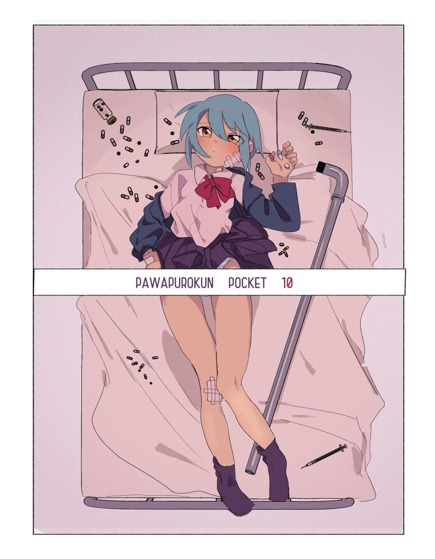 1girl absurdres bandaid bandaid_on_hand bed black_socks blue_hair blue_panties blush border bow bowtie censored clothes_lift collared_shirt commentary_request expressionless from_above full_body gauze_on_cheek gauze_on_knee head_on_pillow highres holding_pill hospital_bed jikkyou_powerful_pro_yakyuu kmd_tale lead_pipe looking_at_viewer looking_up lying no_shoes on_back on_bed ooe_kazuna panties pill_bottle pink_background pleated_skirt power_pro_kun_pocket purple_skirt red_bow red_bowtie shirt short_hair simple_background skirt skirt_lift socks solo spill striped striped_panties syringe tsurime underwear white_border white_shirt yellow_eyes