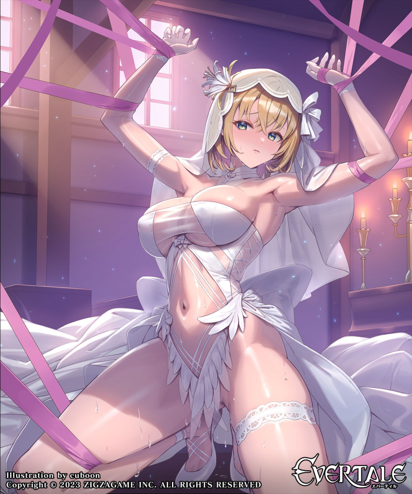 1girl aqua_eyes armpits arms_up bare_shoulders blonde_hair blush breasts character_request closed_mouth commentary_request copyright_name cuboon evertale gloves high_heels highres kneeling large_breasts looking_at_viewer navel official_art purple_ribbon restrained ribbon see-through short_hair solo thigh_strap thighs white_footwear white_gloves white_headwear