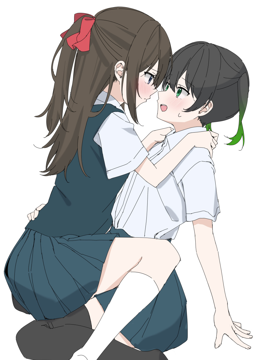 2girls absurdres arm_support black_hair black_skirt black_thighhighs black_vest blush bow brown_hair closed_mouth collared_shirt eye_contact green_eyes green_hair hair_between_eyes hair_bow half_updo hand_on_another's_hip hand_on_another's_shoulder highres kawai_ritsu_(rits_meg) long_hair looking_at_another love_live! love_live!_nijigasaki_high_school_idol_club multicolored_hair multiple_girls nijigasaki_academy_school_uniform open_mouth ousaka_shizuku pleated_skirt ponytail red_bow school_uniform shirt short_sleeves sidelocks simple_background sitting sitting_on_person skirt socks streaked_hair summer_uniform takasaki_yuu thighhighs twintails two-tone_hair vest white_background white_shirt white_socks yuri