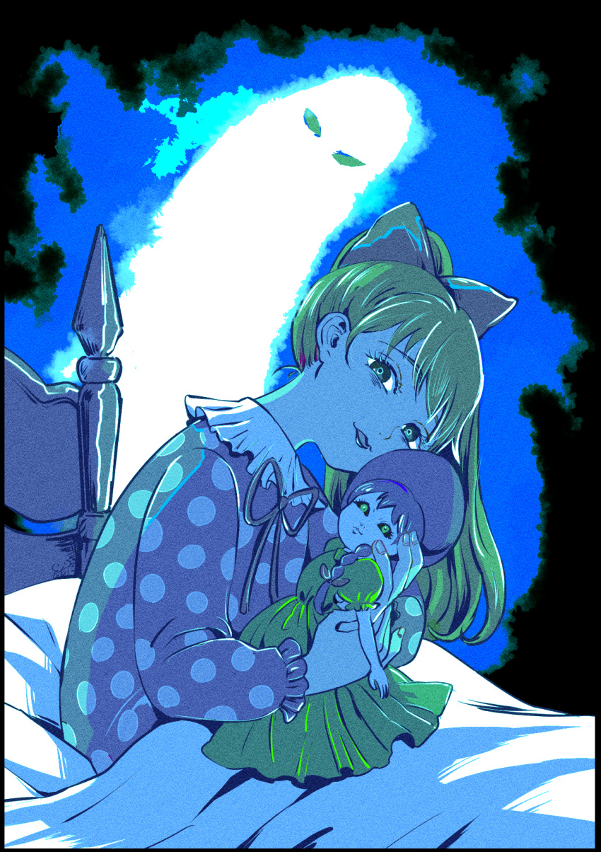 1girl abstract_background bed_frame black_sclera blonde_hair bow braid chargeman_ken! colored_sclera doll_hug dress ghost green_dress green_eyes hair_bow hashibashishida hat highres izumi_caron lipstick looking_at_viewer makeup neck_ribbon object_hug on_bed parted_lips polka_dot polka_dot_dress ponytail puffy_short_sleeves puffy_sleeves ribbon short_sleeves sleepwear smile under_covers