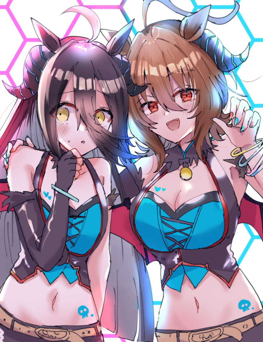 :d agnes_tachyon_(umamusume) ahoge animal_ears black_hair black_horns blush breasts brown_hair cleavage cosplay crop_top demon_horns elbow_gloves fake_horns fake_wings fang fingerless_gloves gloves hair_between_eyes halloween_costume highres horns horse_ears horse_girl large_breasts long_hair looking_at_viewer looking_to_the_side manhattan_cafe_(umamusume) mejiro_palmer_(devil_in_the_moonlight)_(umamusume) mejiro_palmer_(umamusume) mejiro_palmer_(umamusume)_(cosplay) messy_hair multicolored_nails navel numachi_doromaru red_eyes short_hair single_elbow_glove small_breasts smile umamusume white_hair wings yellow_eyes