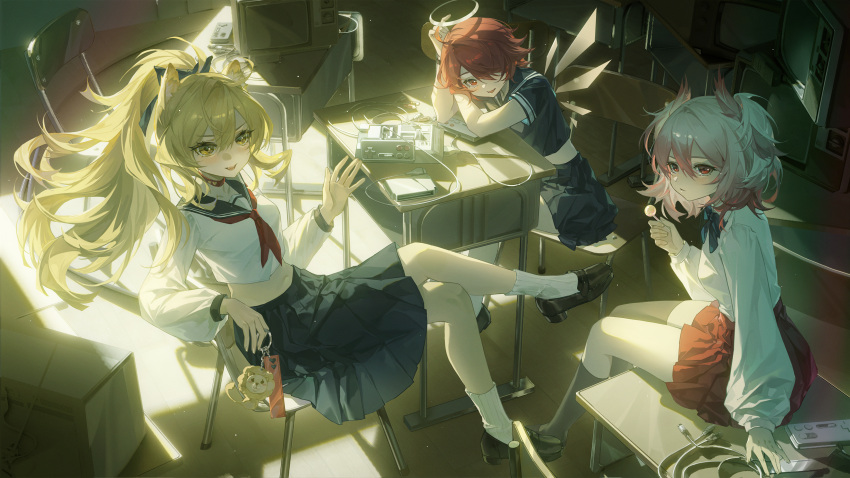 3girls absurdres aged_down alternate_costume animal_ears arknights black_bow black_bowtie black_footwear black_skirt black_socks blonde_hair bow bowtie candy chair choker closed_mouth commentary_request controller crossed_legs desk energy_wings exusiai_(arknights) fiammetta_(arknights) food game_cartridge game_console game_controller halo highres holding holding_candy holding_charm holding_food holding_lollipop indoors kneehighs lion_ears lion_girl loafers lollipop long_hair long_sleeves multiple_girls neckerchief on_desk open_mouth pink_hair ponytail red_choker red_eyes red_hair red_neckerchief red_skirt sailor_collar school_desk school_uniform serafuku shirt shoes siege_(arknights) sitting sitting_on_desk skirt smile socks television tuzhate unplugged white_shirt white_socks yellow_eyes