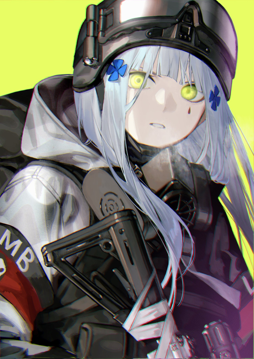 1girl assault_rifle blue_hair commentary english_commentary facial_mark girls'_frontline glowing glowing_eyes green_background green_eyes gun hair_ornament helmet highres hk416_(fang)_(girls'_frontline) hk416_(girls'_frontline) hood hood_down hooded_jacket jacket long_hair looking_at_viewer mask mask_around_neck mik_blamike official_alternate_costume parted_lips respirator rifle simple_background solo tactical_clothes tom_clancy's_the_division upper_body weapon white_jacket