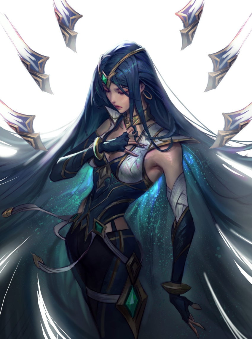 1girl black_gloves blade blue_hair bracelet breasts cleavage closed_eyes collarbone elbow_gloves english_commentary fingerless_gloves floating_hair gem gloves green_gemstone hair_ornament hand_on_own_chest haotian_gruru highres irelia jewelry league_of_legends light long_hair medium_breasts multiple_swords parted_bangs pink_lips sentinel_(league_of_legends) sentinel_irelia sidelocks simple_background solo standing thighs v-shaped_eyebrows very_long_hair white_background