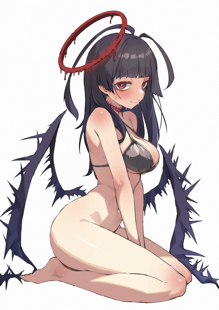 1girl ahoge antenna_hair asakuraki bags_under_eyes bare_arms bare_legs bare_shoulders barefoot bikini black_bikini black_hair blood_halo blue_archive blush breasts cleavage closed_mouth halo highres long_hair medium_breasts melting_halo navel official_alternate_costume red_eyes red_halo simple_background solo swimsuit tsurugi_(blue_archive) tsurugi_(swimsuit)_(blue_archive) white_background