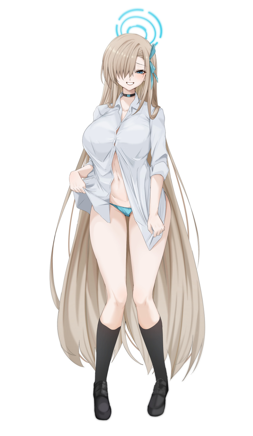 1girl absurdres asuna_(blue_archive) blue_archive blue_eyes blue_ribbon blush breasts choker collared_shirt commentary dress_shirt full_body grin hair_over_one_eye hair_ribbon halo highres kneehighs large_breasts light_brown_hair loafers long_hair looking_at_viewer navel ribbon shirt shoes sleeves_rolled_up smile socks solo vanko_(vank0a) very_long_hair white_shirt