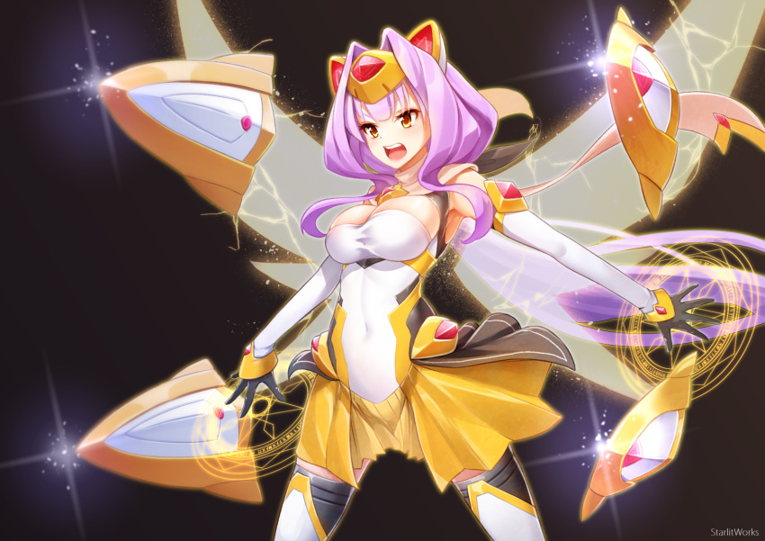 1girl :o armpits artist_name azarin black_background black_gloves breasts cleavage covered_navel cowboy_shot dot_nose elbow_gloves exs-tia_magica gloves hair_intakes highres kouyoku_senki_exs-tia large_breasts legs_apart long_hair looking_away magical_girl open_mouth outstretched_arms pleated_skirt purple_hair round_teeth scarf simple_background skirt solo spica_(starlitworks) spread_arms standing teeth thighhighs white_scarf yellow_eyes yellow_skirt yellow_wings zettai_ryouiki