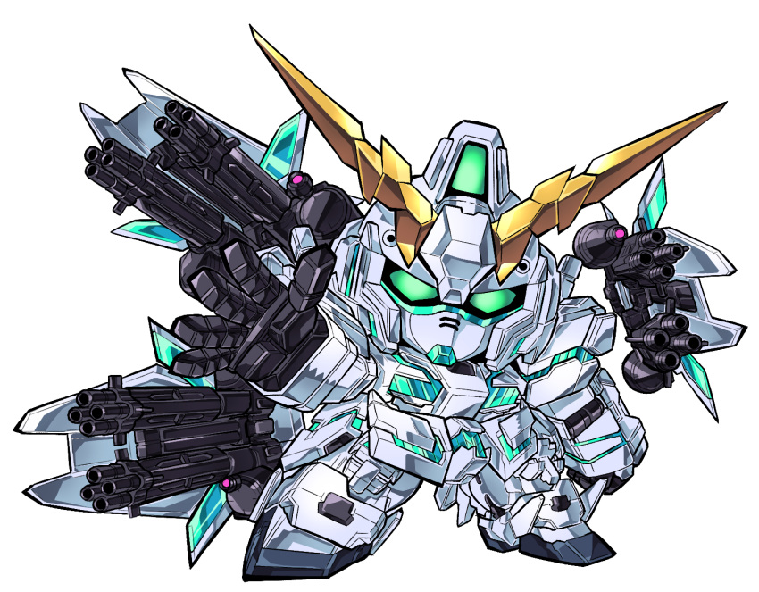 chibi green_eyes gundam gundam_unicorn highres looking_at_viewer mecha no_humans nt-d open_hand pillar_buster robot science_fiction shield unicorn_gundam v-fin white_background