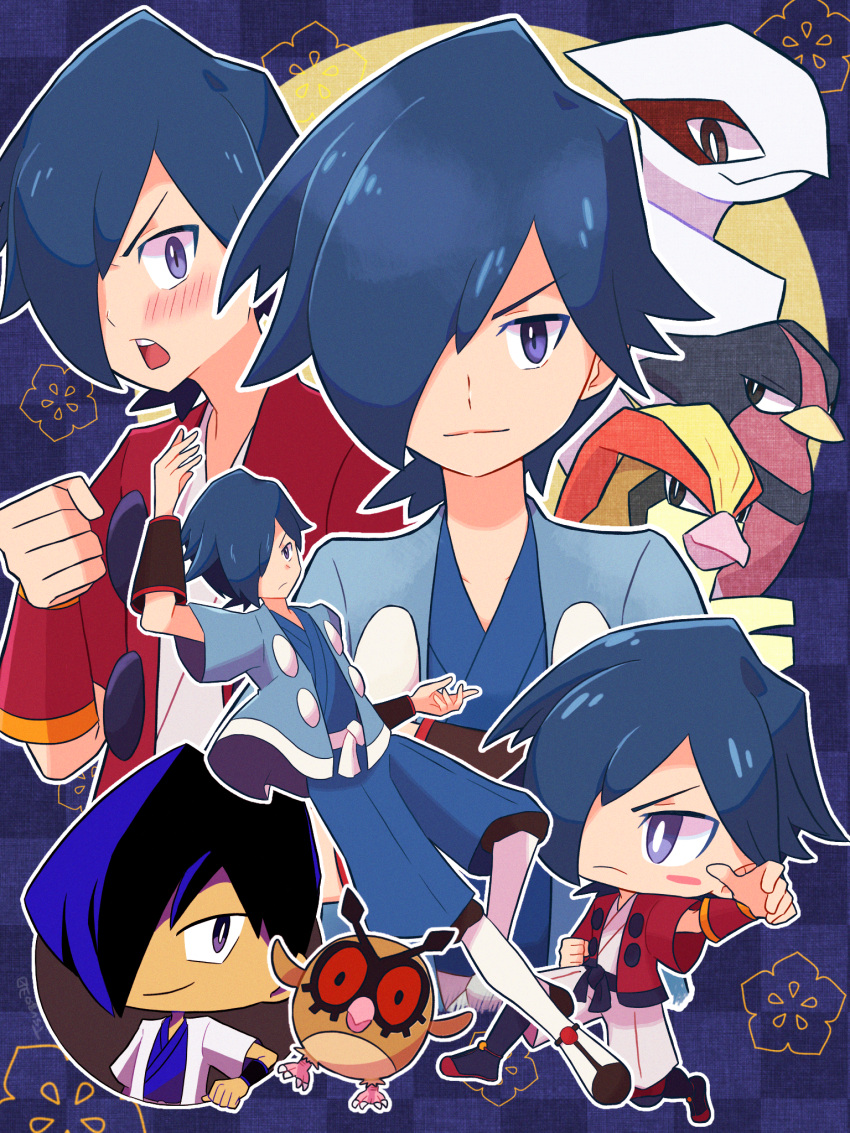 1boy :o alternate_color arm_up blue_eyes blue_hair blue_jacket blue_kimono blush buttons clenched_hand closed_mouth commentary_request falkner_(pokemon) hair_over_one_eye haori highres hoothoot jacket japanese_clothes kimono kneehighs lugia male_focus multiple_views open_clothes open_jacket open_mouth pidgeot pokemon pokemon_(game) pokemon_gsc pokemon_hgss pokemon_masters_ex red_jacket sash shoes short_hair short_sleeves smile socks swellow teeth tsugomori_(sprn303) upper_teeth_only white_kimono