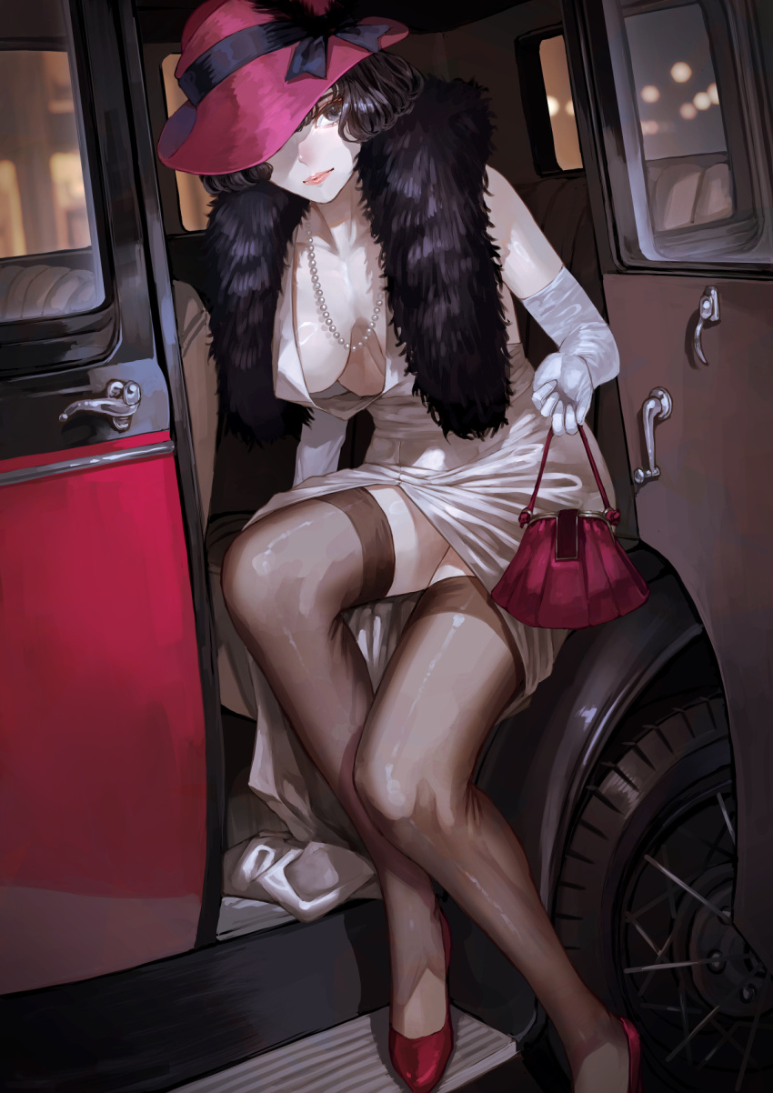 black_eyes black_hair black_thighhighs bob_cut breasts car car_interior dress elbow_gloves feather_boa gloves hanging_breasts hat hat_over_one_eye high_heels highres jewelry kaoming medium_breasts motor_vehicle necklace no_bra original pearl_necklace short_hair side_slit thighhighs white_dress white_gloves
