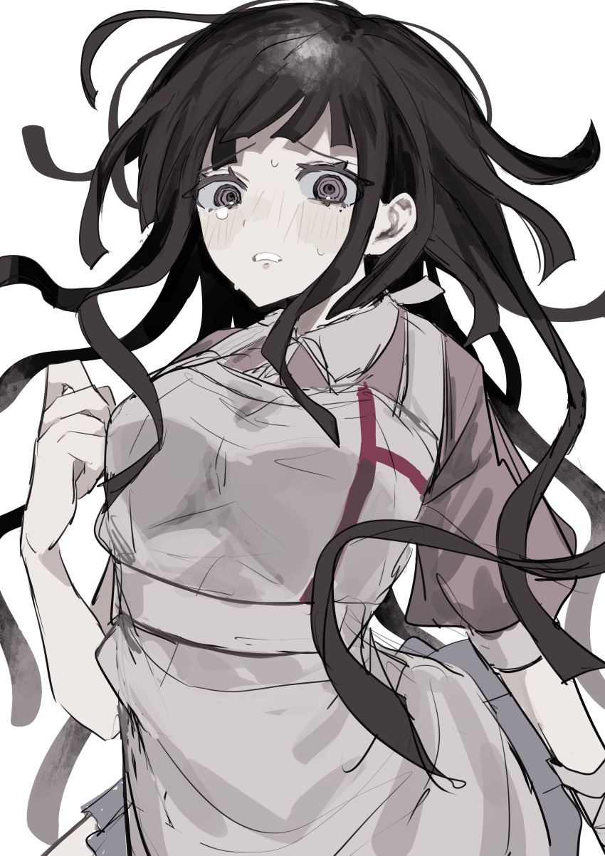 1girl absurdres apron black_hair blush collared_shirt cowboy_shot danganronpa_(series) danganronpa_2:_goodbye_despair grey_apron hand_up highres long_hair mole mole_under_eye pink_shirt sad shirt short_sleeves solo sweat tears teeth tsumiki_mikan two-tone_shirt wa_noko