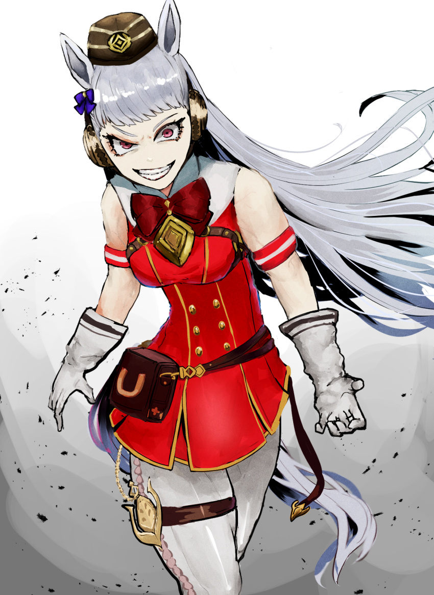 1girl adeshi_(adeshi0693119) animal_ears armband arms_at_sides bag bare_shoulders blunt_bangs bow bowtie dress ear_bow ear_covers evil_grin evil_smile eyelashes floating_hair gloves gold_ship_(umamusume) grey_hair grin hat highres horse_ears horse_girl horse_tail long_hair looking_at_viewer pale_skin pantyhose pillbox_hat pink_eyes short_dress sleeveless sleeveless_dress smile solo tail teeth thigh_strap umamusume v-shaped_eyebrows very_long_hair walking