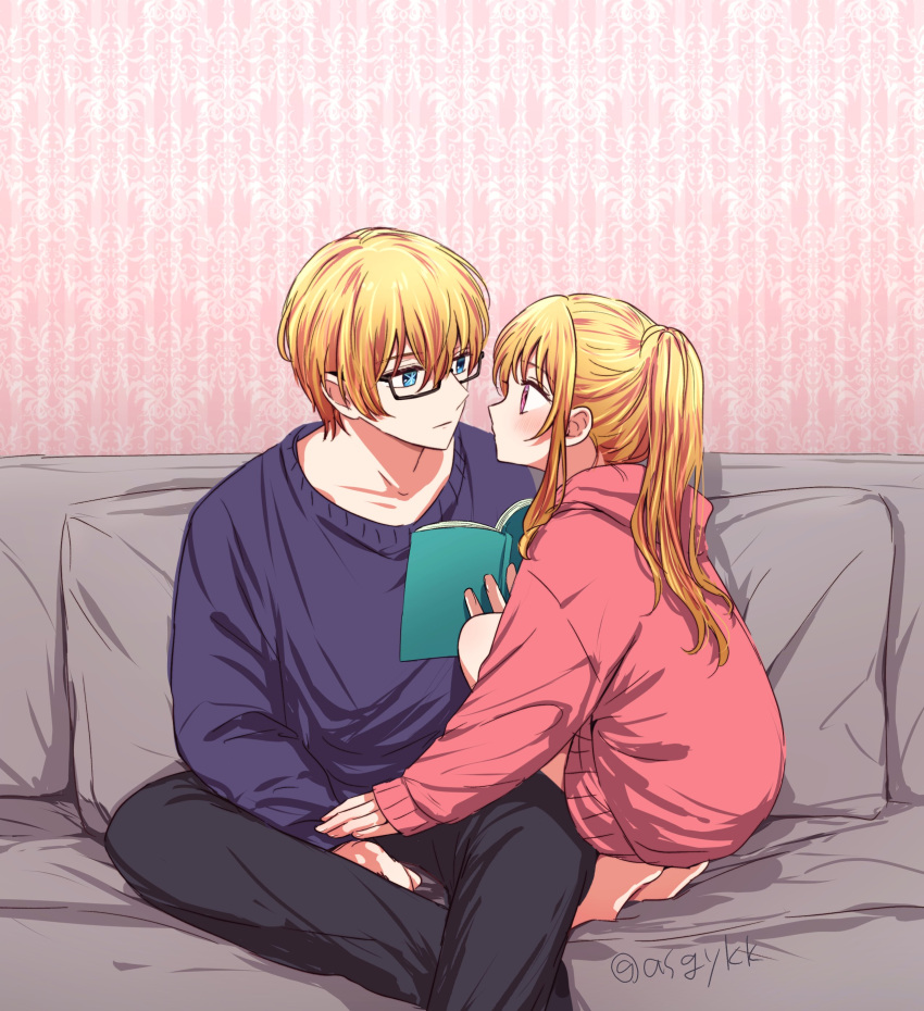 1boy 1girl absurdres asgykk blonde_hair blue_eyes blush brother_and_sister closed_mouth couch glasses hair_between_eyes highres hoshino_aquamarine hoshino_ruby long_hair long_sleeves oshi_no_ko pillow pink_eyes ponytail purple_shirt red_hood shirt short_hair siblings star-shaped_pupils star_(symbol) symbol-shaped_pupils twins