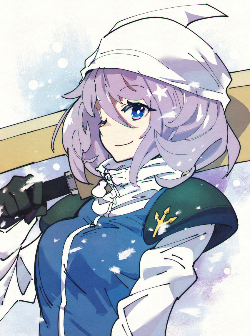 1girl advent_cirno black_gloves blue_vest closed_mouth commission gloves hair_between_eyes hat highres holding holding_weapon letty_whiterock light_purple_hair long_sleeves one_eye_closed pixiv_commission purple_eyes shirt short_hair smile solo touhou upper_body ushiki_yoshitaka vest weapon white_headwear white_shirt