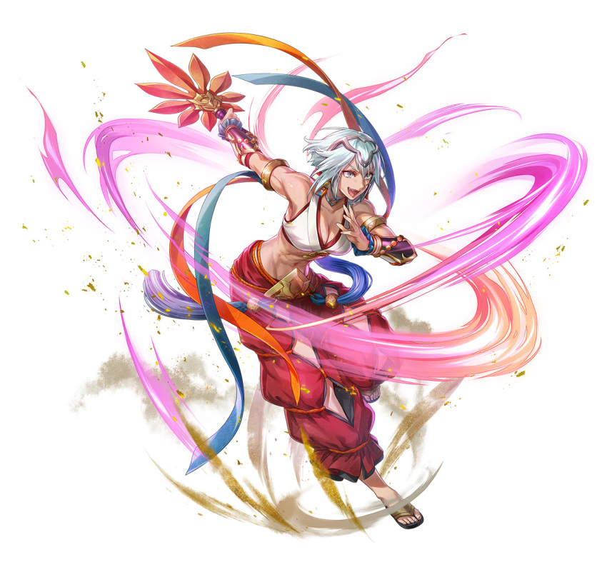 1girl abs armlet attack breasts cleavage dagr_(fire_emblem) dagr_(winds_offered)_(fire_emblem) fire_emblem fire_emblem_heroes grey_hair hand_fan medium_breasts midriff muscular muscular_female non-web_source official_alternate_costume official_art open_mouth paper_fan sandals smile solo tassel tiara uchiwa white_background