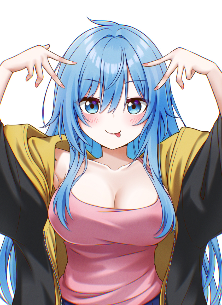1girl :p absurdres armpits arms_up blue_eyes blue_hair blue_skirt blush breasts camisole cleavage collarbone double_v elie_wayne highres hood hooded_jacket hoshino_ai's_pose jacket jan_azure large_breasts long_hair looking_at_viewer mole mole_on_shoulder off_shoulder original oshi_no_ko pink_camisole pink_nails sidelocks simple_background skirt tongue tongue_out v white_background