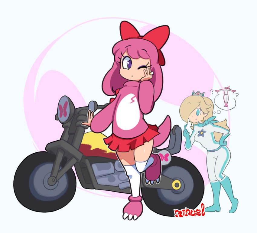 1boy 1girl ? absurdres artist_name biker_peach biker_rosalina birdo blonde_hair blue_gloves blue_scarf bodysuit bow crossdressing crown diamond_ring dinosaur_tail elbow_gloves eyeshadow flame_print gloves hair_bow hair_over_one_eye hand_on_own_cheek hand_on_own_face highres humanization jumpsuit korean_commentary long_hair makeup mario_(series) mario_kart mario_kart_8 medium_hair miniskirt minuspal mole mole_under_eye motor_vehicle motorcycle one_eye_closed over-kneehighs paw_shoes pink_hair pink_sweater pink_tail print_sweater purple_eyes purple_eyeshadow racing_suit red_bow red_skirt rosalina scarf skirt standing standing_on_one_leg sweater tail thighhighs thinking white_jumpsuit