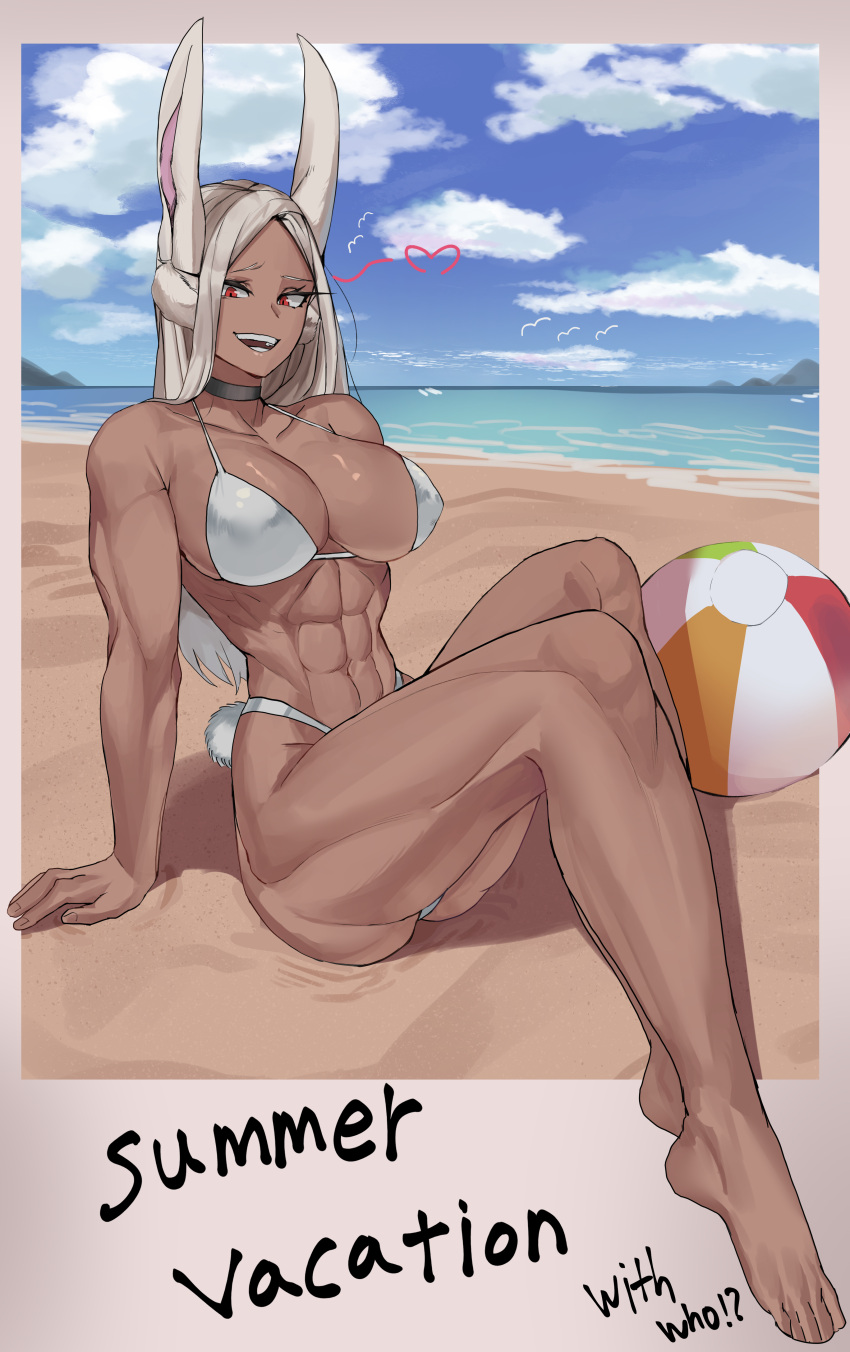 1girl abs absurdres animal_ears ball barefoot beach beachball bikini boku_no_hero_academia border breasts cleavage cloud cloudy_sky collarbone dark-skinned_female dark_skin english_text feet full_body heart highres knees_up large_breasts legs long_eyelashes long_hair looking_at_viewer mirko muscular muscular_female navel open_mouth outdoor_unit parted_bangs polaroid rabbit_ears rabbit_girl rabbit_tail red_eyes sand sitting sky smile solo soolee040995 stomach swimsuit tail teeth thick_thighs thighs toes water white_bikini white_border white_hair