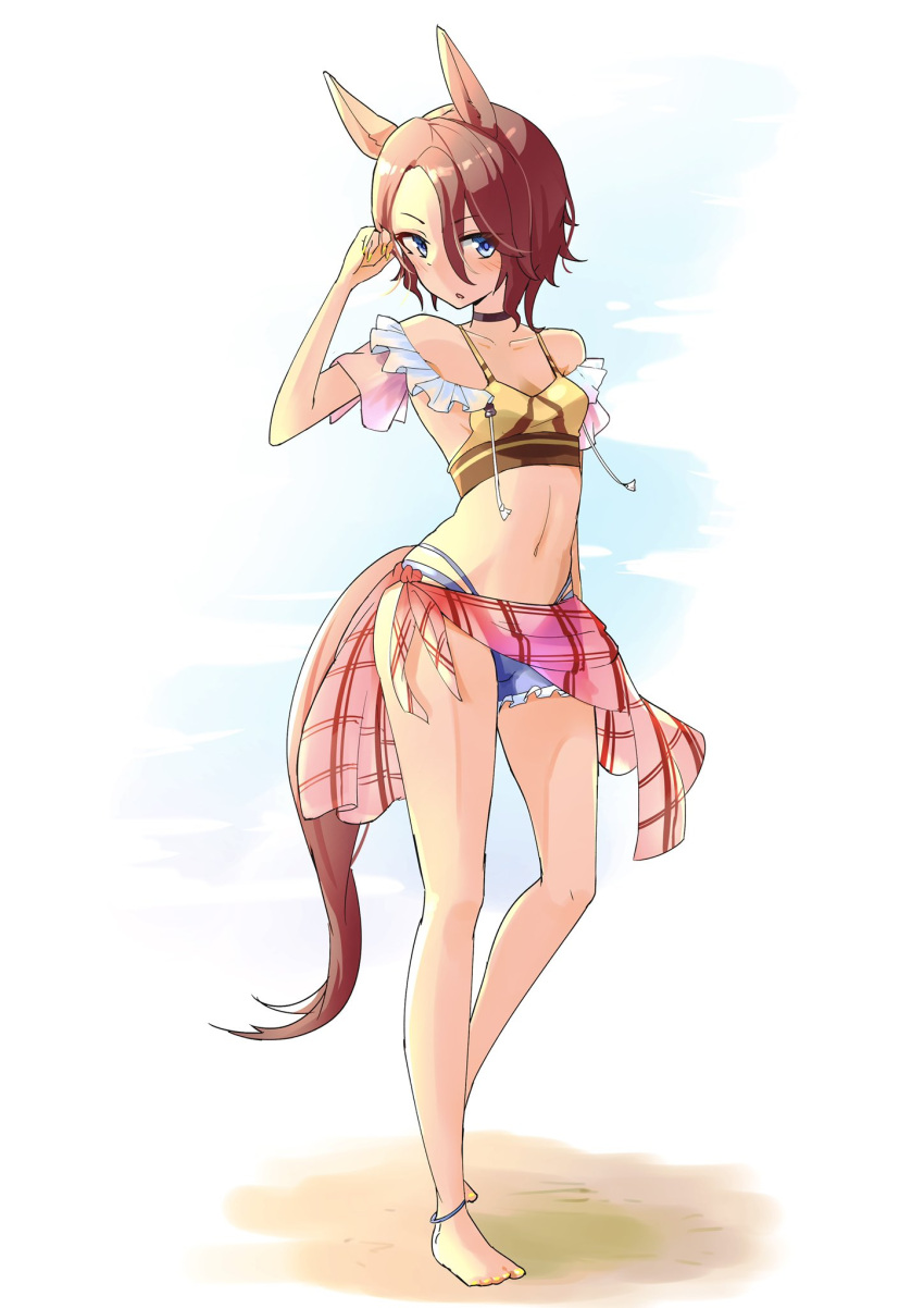 1girl alternate_costume animal_ears bare_shoulders barefoot bikini blue_eyes breasts brown_hair full_body hair_between_eyes highres horse_ears horse_girl horse_tail kyabetsuman mismatched_bikini narita_taishin_(umamusume) plaid plaid_sarong sarong short_hair small_breasts solo swimsuit tail umamusume yellow_bikini