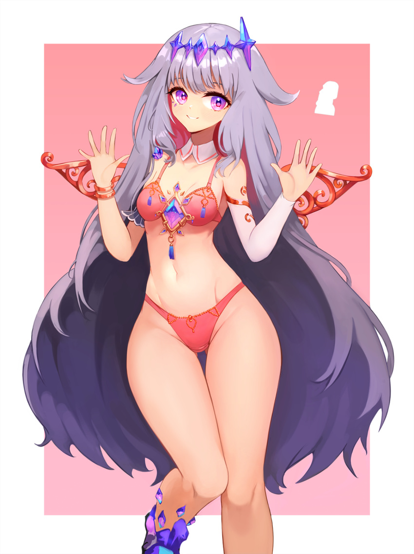 1girl breasts gem gem_hair_ornament grey_hair hair_ornament hands_up highres hololive hololive_english koseki_bijou lingerie long_hair looking_at_viewer medium_breasts moai navel notte panties purple_eyes smile solo standing thigh_gap underwear very_long_hair virtual_youtuber