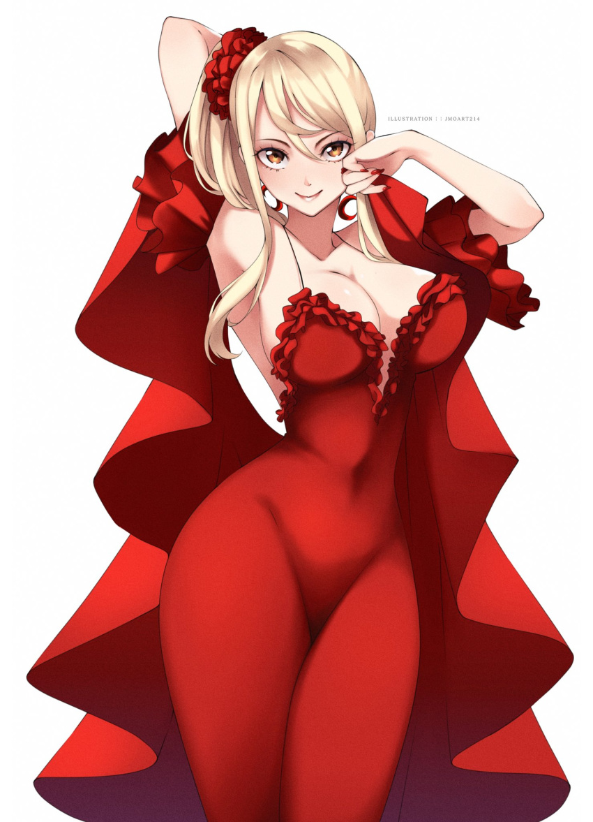 1girl alternate_costume arm_up bare_shoulders blonde_hair breasts brown_eyes cleavage collarbone covered_navel dress fairy_tail flower hair_flower hair_ornament highres jewelry jmoart214 large_breasts long_hair lucy_heartfilia red_dress red_flower ring short_sleeves simple_background smile solo tight_clothes tight_dress white_background wide_hips